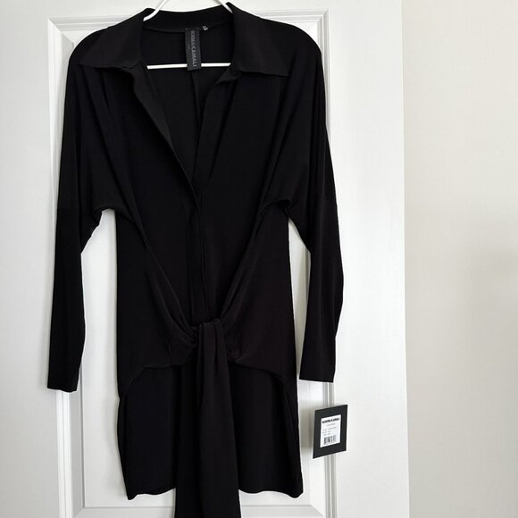 NWT NORMA KAMALI Black Long Sleeve Tie Front Mini Shirt Dress Size M - Picture 1 of 9